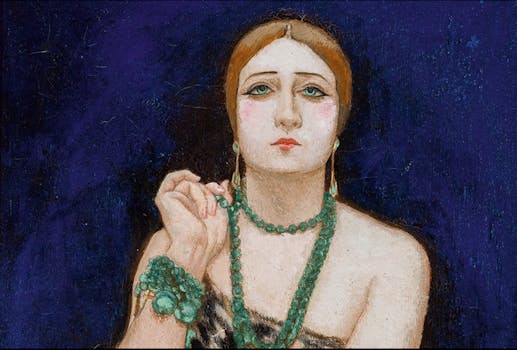 Ritratto di donna su fondo blu e con gioielli verdi