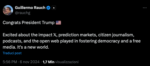 Guillermo Rauch si complimenta con Trump e X