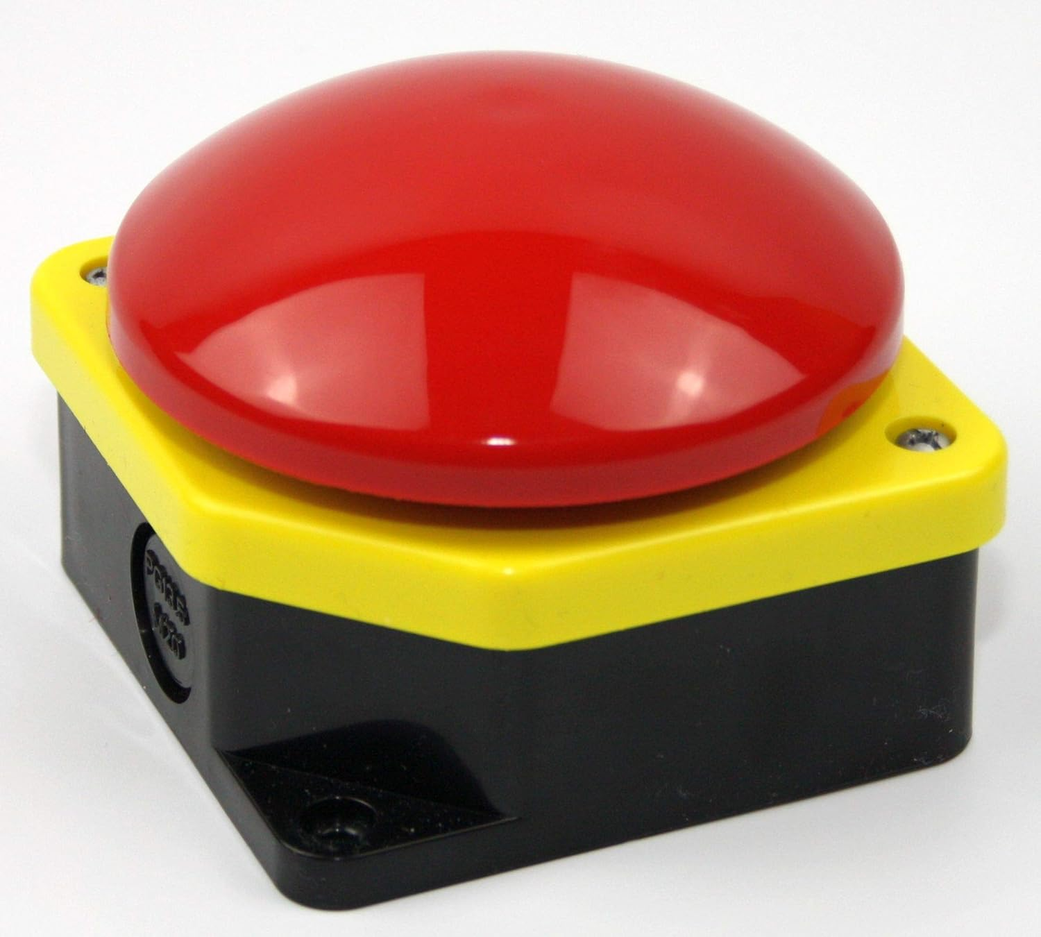 Questo pulsante è un bottone di emergenza fisico ad alto contrasto, con corpo principale rosso convesso montato su base nera rettangolare con cornice gialla