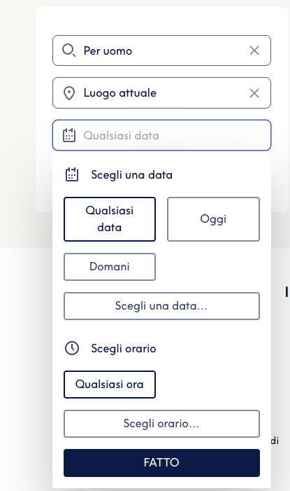Interfaccia desktop Treatwell per selezione data/orario: campi ricerca “Per uomo”, “Lugo attuale”, picker data con quick action “Qualsiasi data”, “Oggi”, “Domani” e toggle “Scegli orario” / “Qualsiasi ora”. Bottone “FATTO” in basso a destra su sfondo blu.
