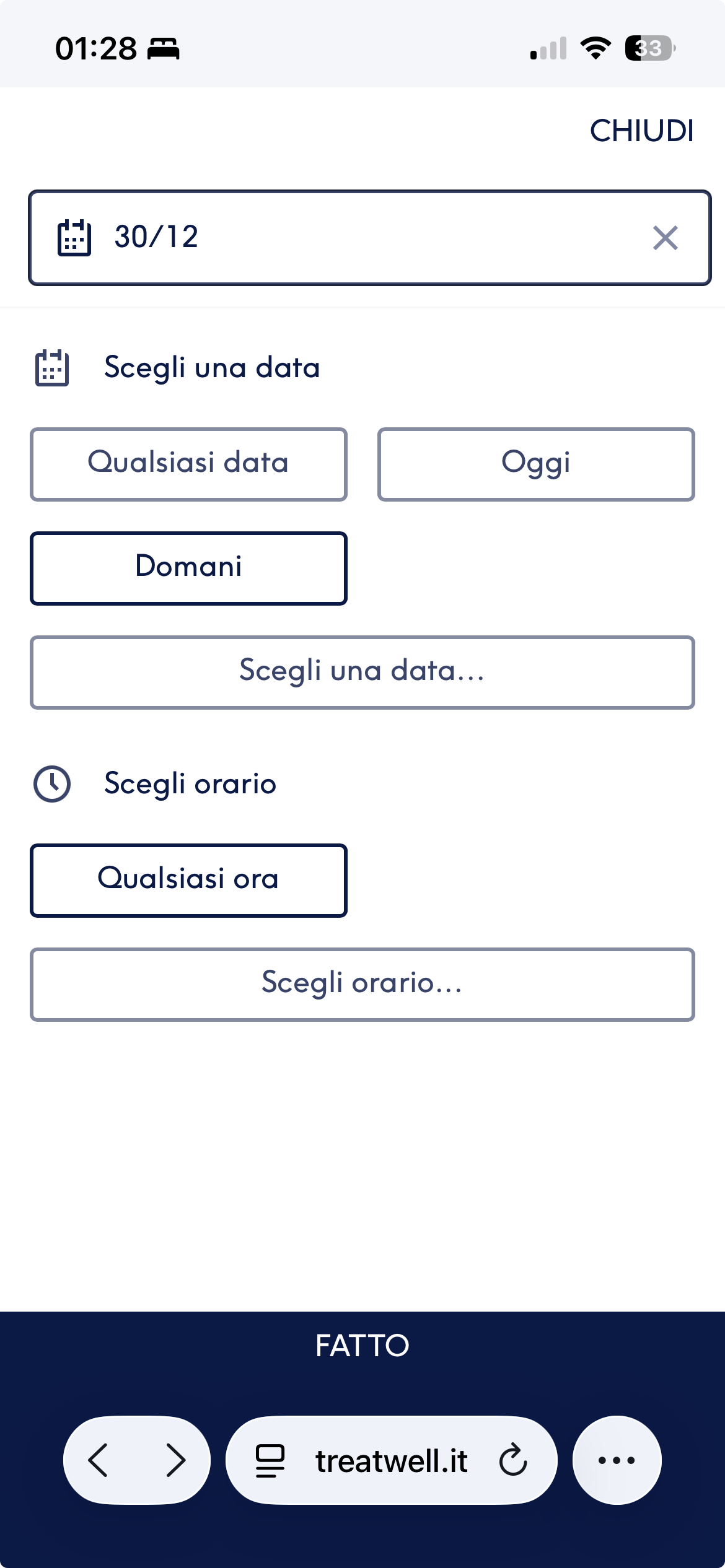 Interfaccia mobile Treatwell per selezione data/orario: campi ricerca “Per uomo”, “Lugo attuale”, picker data con quick action “Qualsiasi data”, “Oggi”, “Domani” e toggle “Scegli orario” / “Qualsiasi ora”. Testo “FATTO” in basso a destra su sfondo blu.