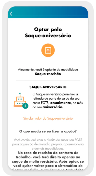 Modelo da pagina de optar pelo saque aniversário no aplicativo do fgts