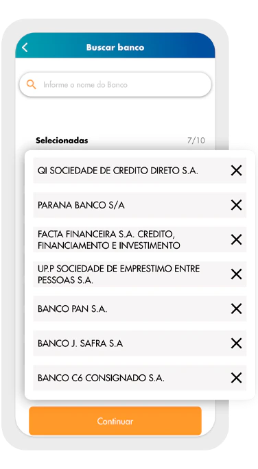 Modelo de pagina com alguns bancos selecionados para liberar a consulta