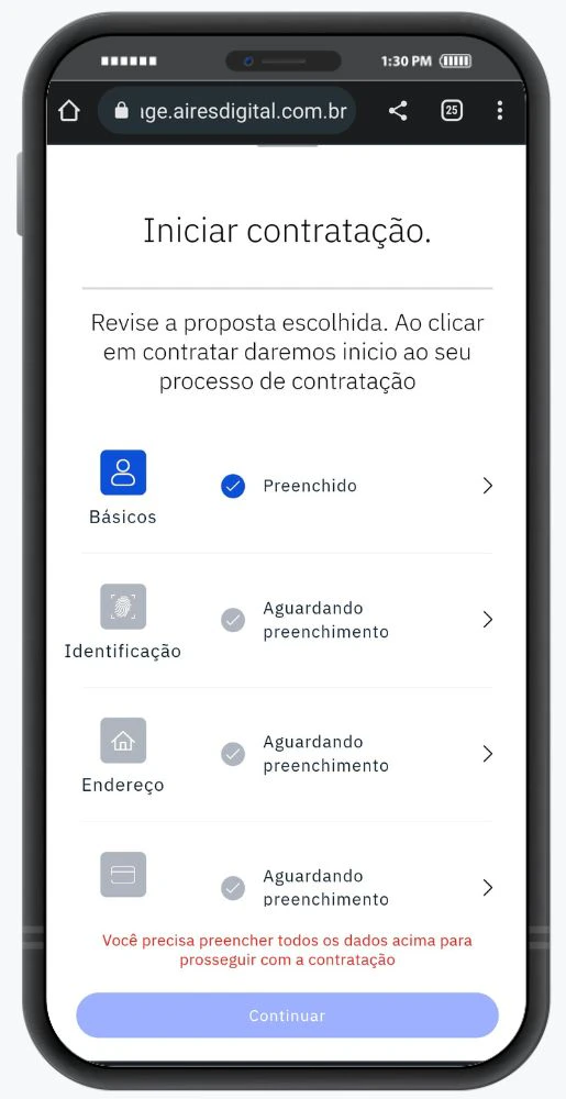 Pagina mostrando dados preenchidos de contratação