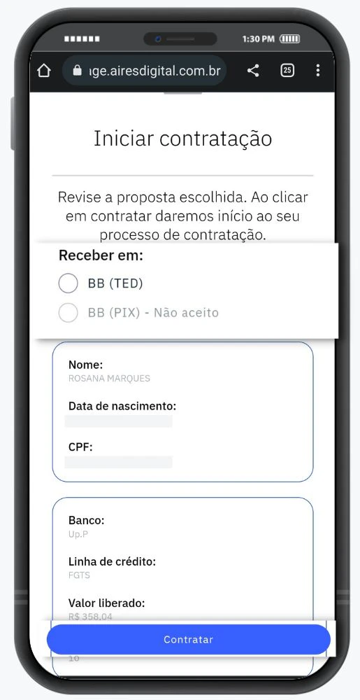 Escolha a conta que quer receber e revisão a proposta para contratação.