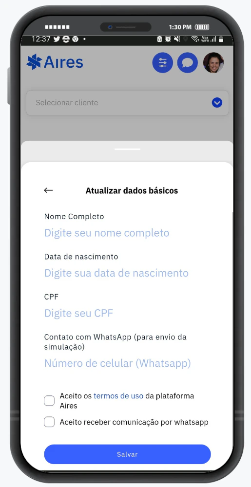 Página de preenchimento dos dados básicos com a descrição dos dados necessários, termos de uso e botão para salvar