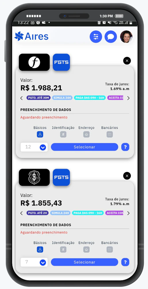 Exemplo de proposta de Empréstimo FGTS na Facta Financeira e Safra Financeira com valor,  juros e botão para selecionar