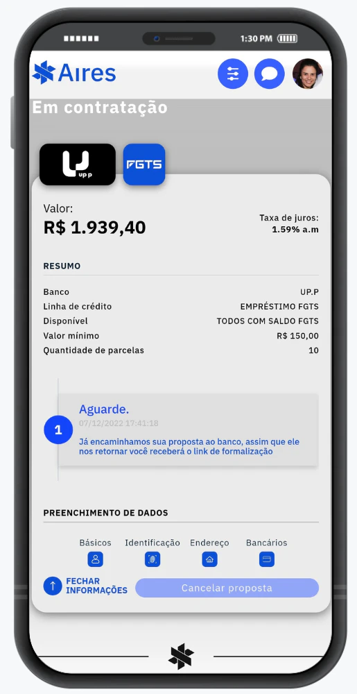 Card de uma contratação realizada com informações importantes e etapa em que a proposta se encontra