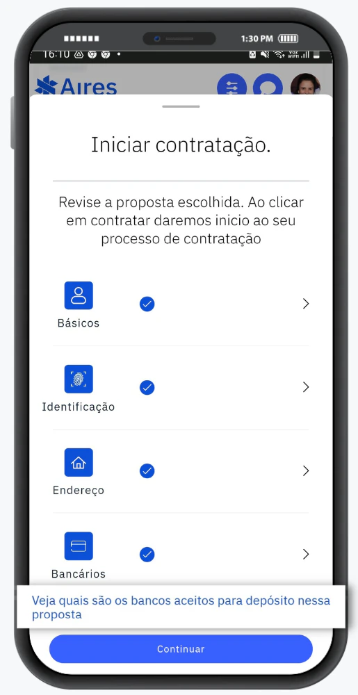 Página conta bancária cadastrada com destaque na lista de instituições que aceitam a conta para depósito do empréstimo FGTS