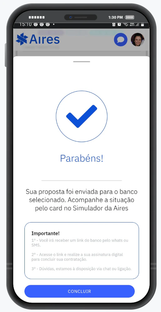 Página final da contratação com mensagem de sucesso, informações importantes sobre a contratação e botão para continuar 