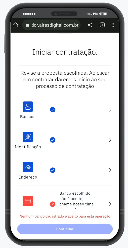 Página conta bancária cadastrada com informação que nenhuma instituição aceita o banco para depósito do empréstimo FGTS