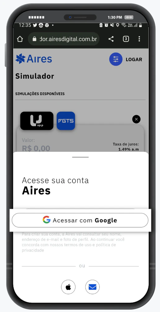 Página de login do simulador online da Aires com botão para acessar usando e-mail do Google, Apple ou cadastrar e-mail.