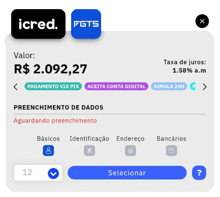 Card de oferta da iCred é possível conferir valores liberados, taxa de juros, parcelas e selecionar a proposta.