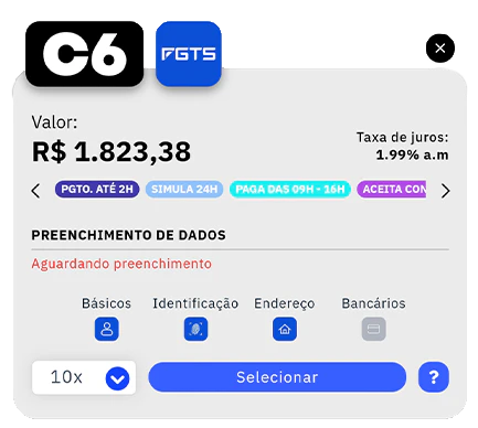 Card de oferta do C6 Bank é possível conferir valores liberados, taxa de juros, parcelas e selecionar a proposta.