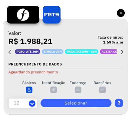 Card de oferta da Facta Financeira é possível conferir valores liberados, taxa de juros, parcelas e selecionar a proposta.