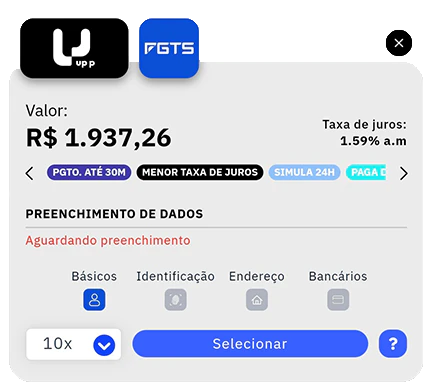 Card de oferta da Up.p é possível conferir valores liberados, taxa de juros, parcelas e selecionar a proposta.