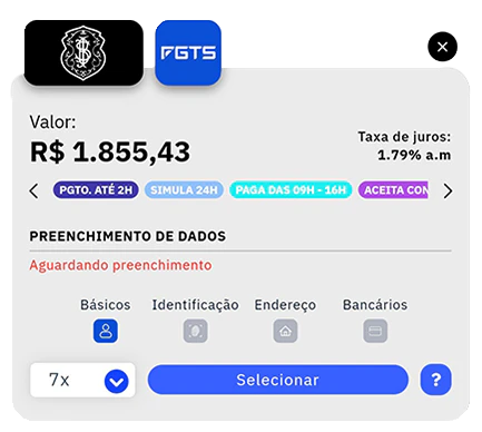 Card de oferta do Banco Safra é possível conferir valores liberados, taxa de juros, parcelas e selecionar a proposta.