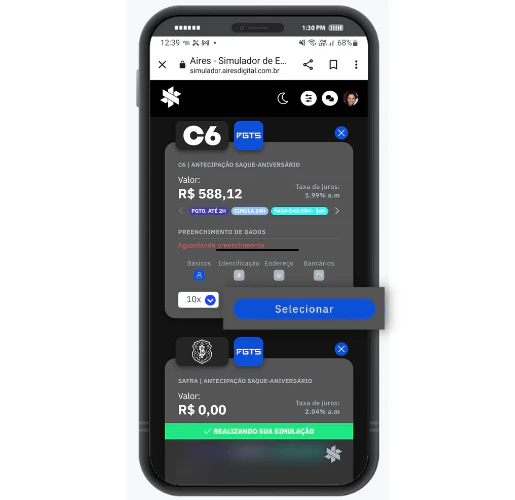 Tela de celular com imagem do simulador da Aires com cards das simulações realizadas por cada banco parceiro, pode-se ver valores , taxas e demais condições.