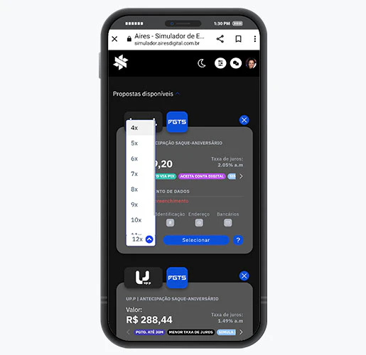 Tela de celular com imagem do simulador da Aires com cards de propostas com barra de parcelas em destaque.
