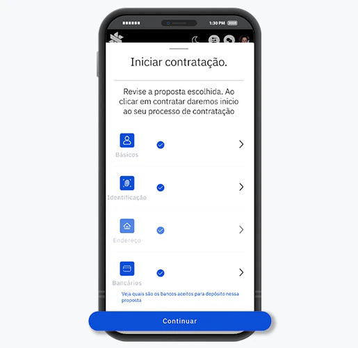 Tela de celular com imagem da jornada de contratação, pode-se ver lista dos formulários com ícones azuis e botão de "Continuar".