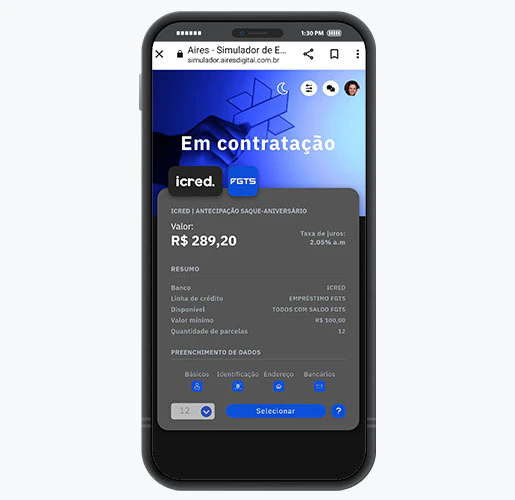 Tela de celular com imagem do simulador onde pode-ser ver card de acompanhamento da jornada de contratação.