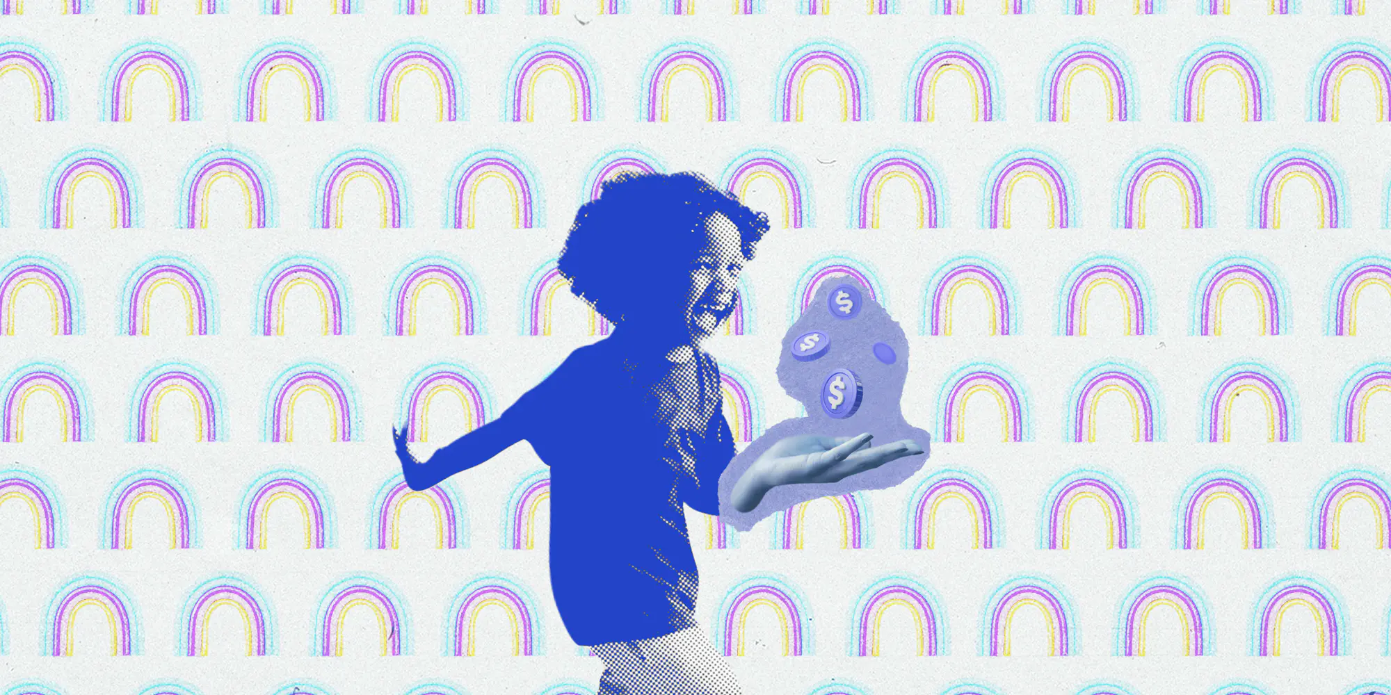 Criança com efeito azul na imagem correndo jogando moedas para o ar. Ao fundo, imagem de um pattern de arco-íris.