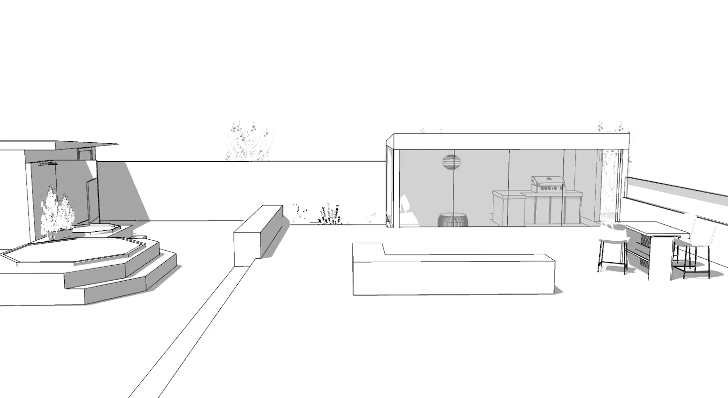 Ólituð þrívíddarteikning af palli fyrir viðskiptavin