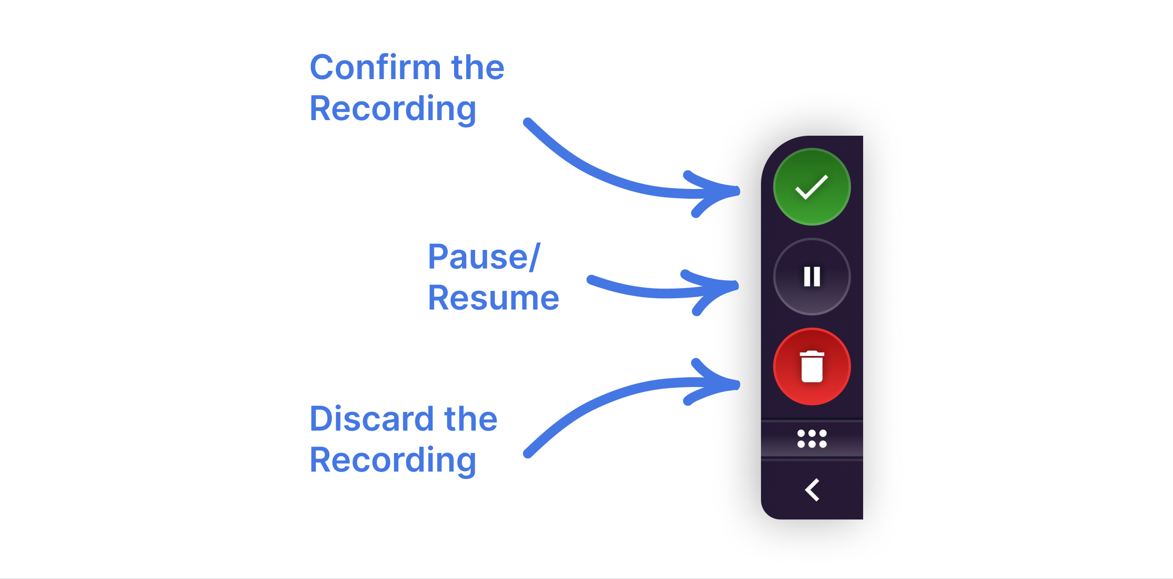 You can confirm the recording, pause or discard, right from the widget, without having to open the sidebar.