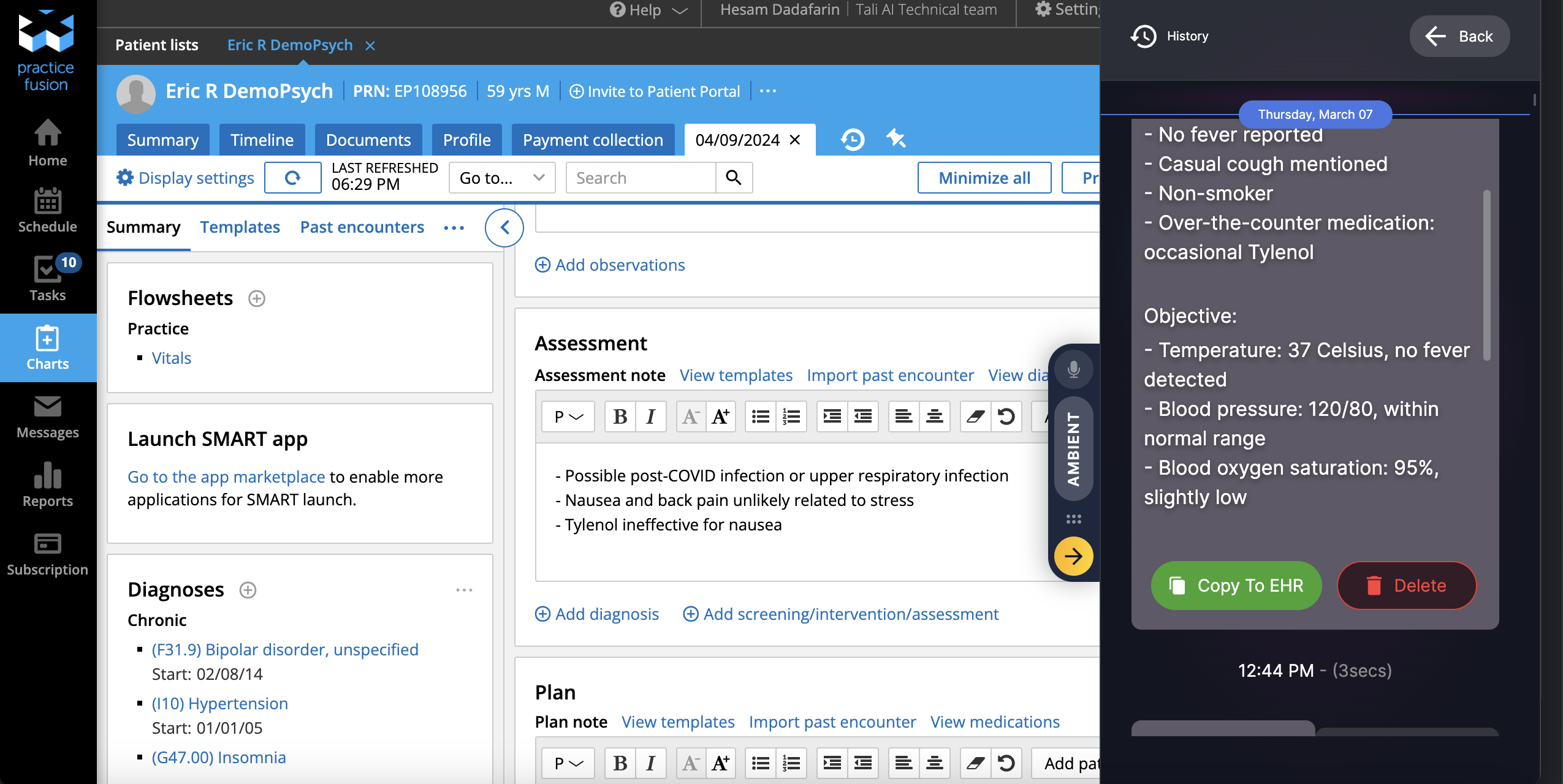 Screenshot of Tali AI integrated with Practice Fusion