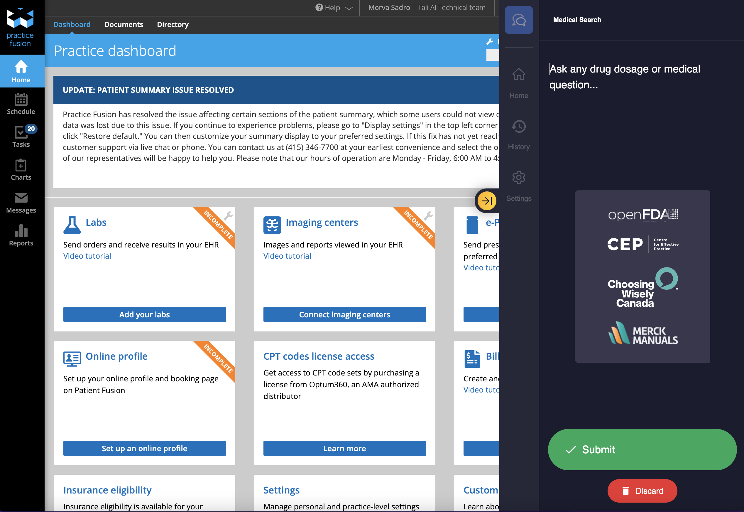 Tali AI's Medical Search feature for Practice Fusion