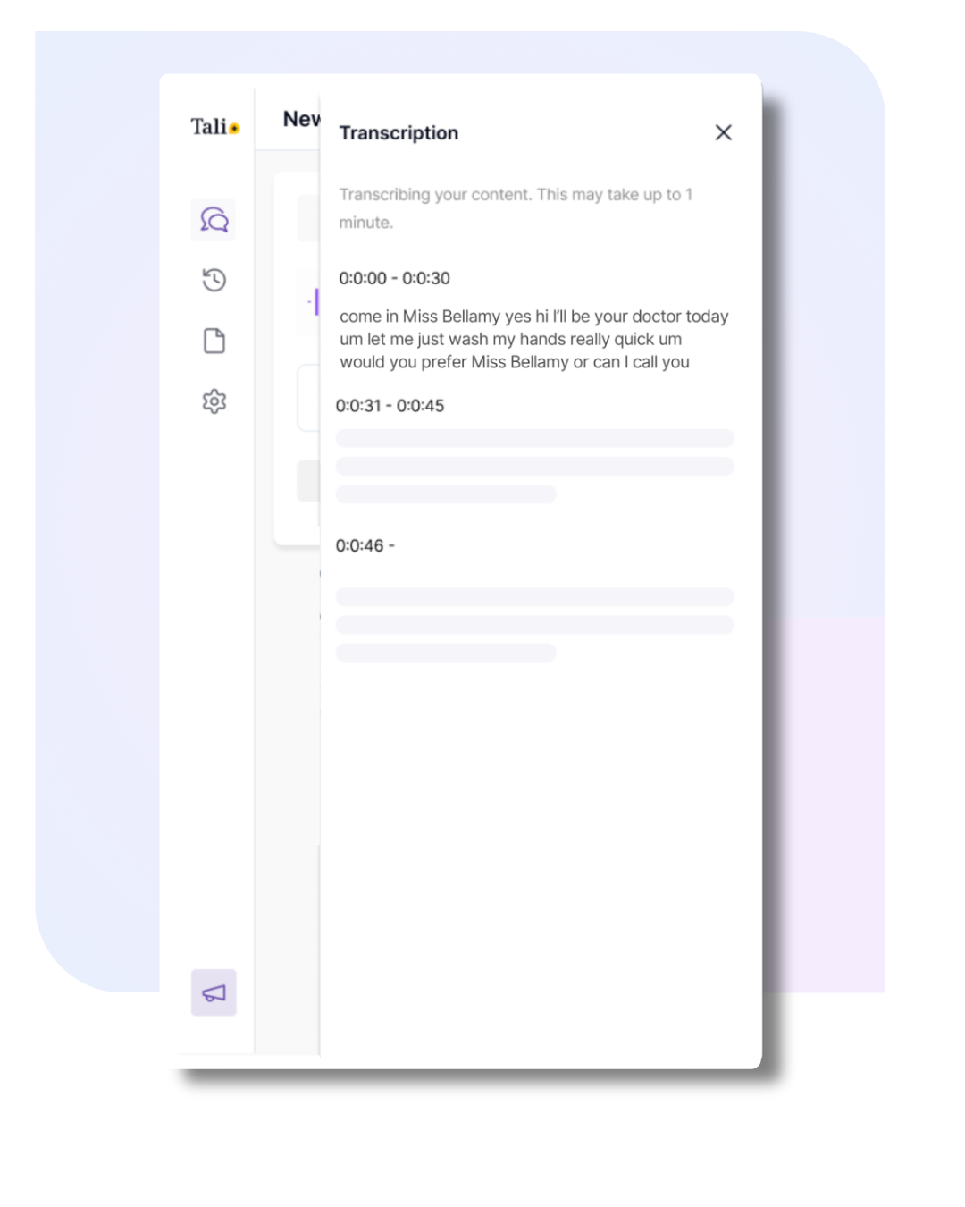 Tali's AI Scribe Web App New Features - New Transcription Feature