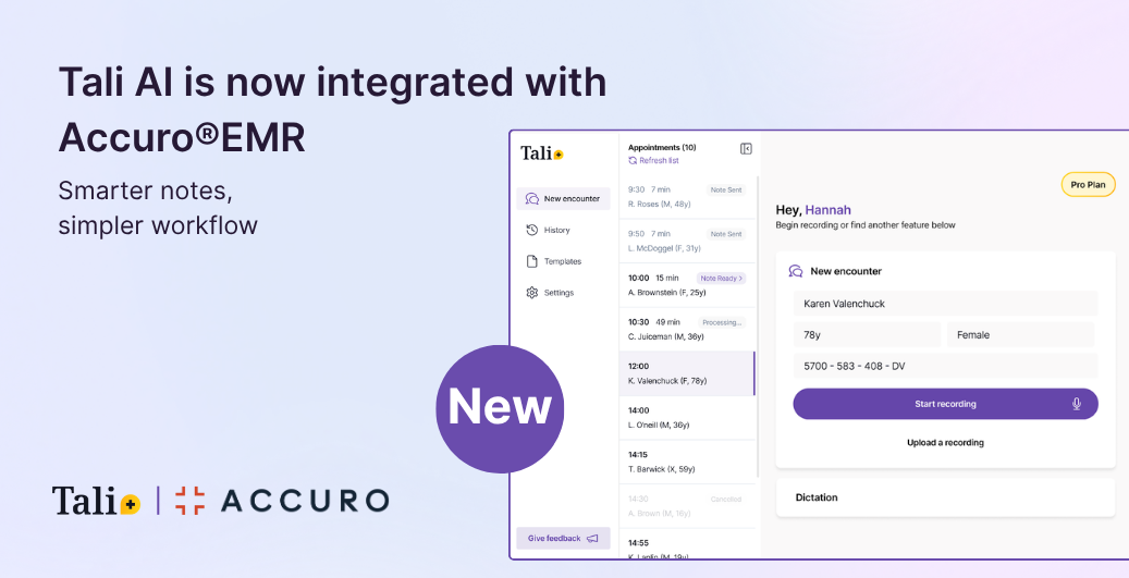Tali AI Scribe integrated with Accuro®EMR