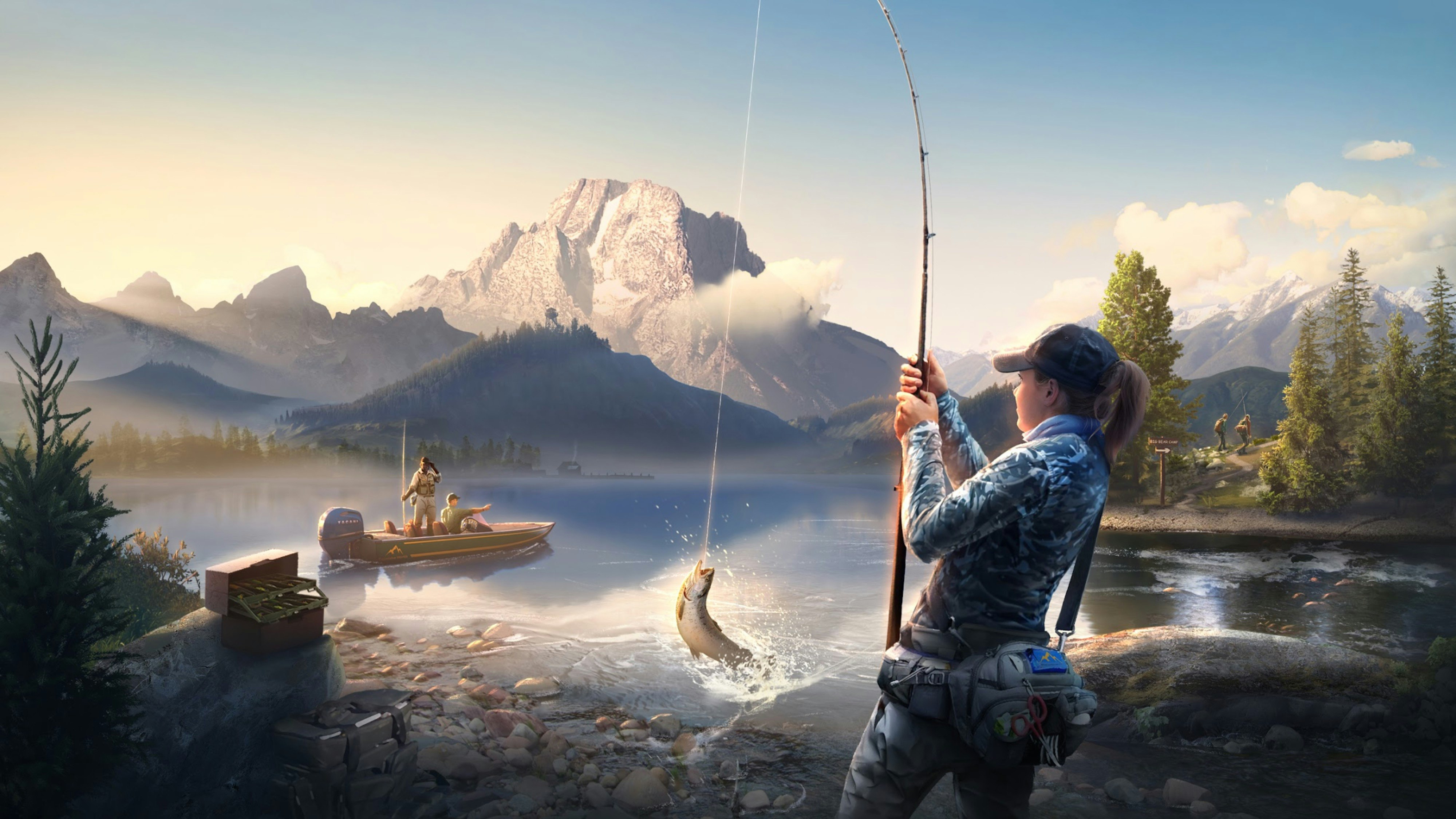 Concept art depicting the lakeside scenescape of Golden Ridge Reserve, a female angler reeling in a large catch in the foreground, two friends fishing on a boat on the lake, and two individuals exploring the reserve across the bank on the right.