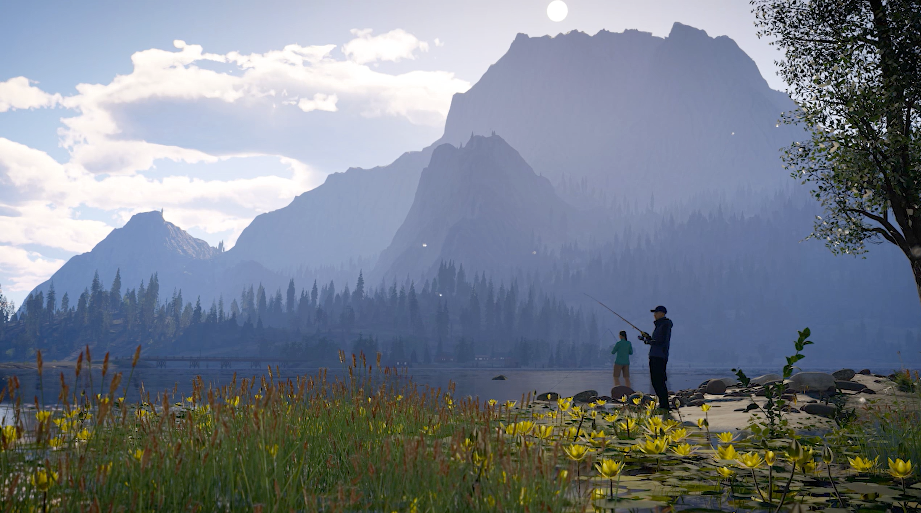 Two players fishing by a large body of water overlooking a mountainous vista.