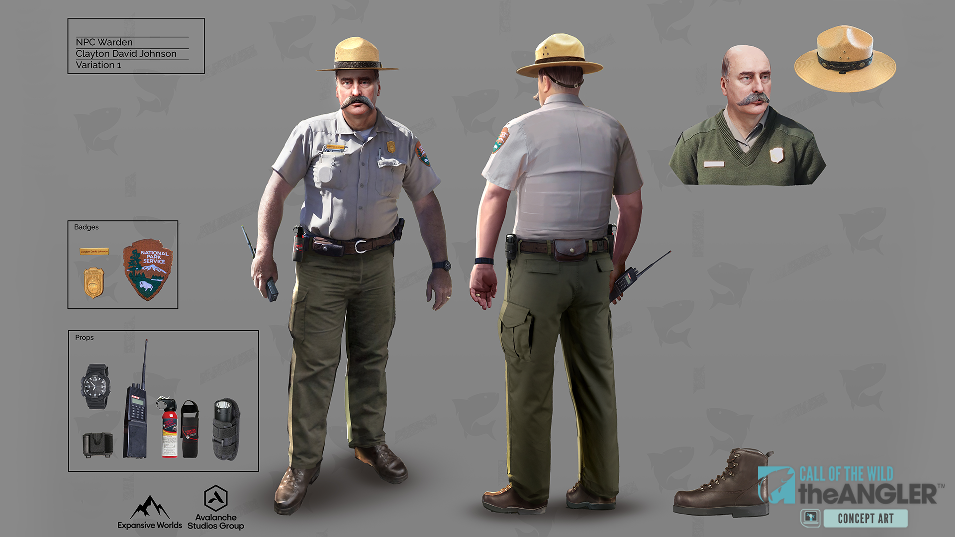 Character concept art for Golden Ridge Reserve's Warden, Clayton Johnson.