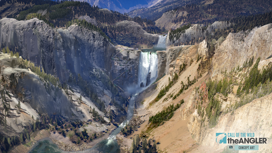 Concept art of a mountainous waterfall ravine for Call of the Wild: The Angler.