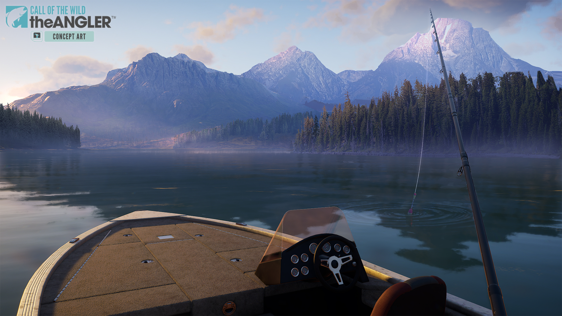 First-person POV concept art depicting a players ability to travel by boat and fish anywhere.