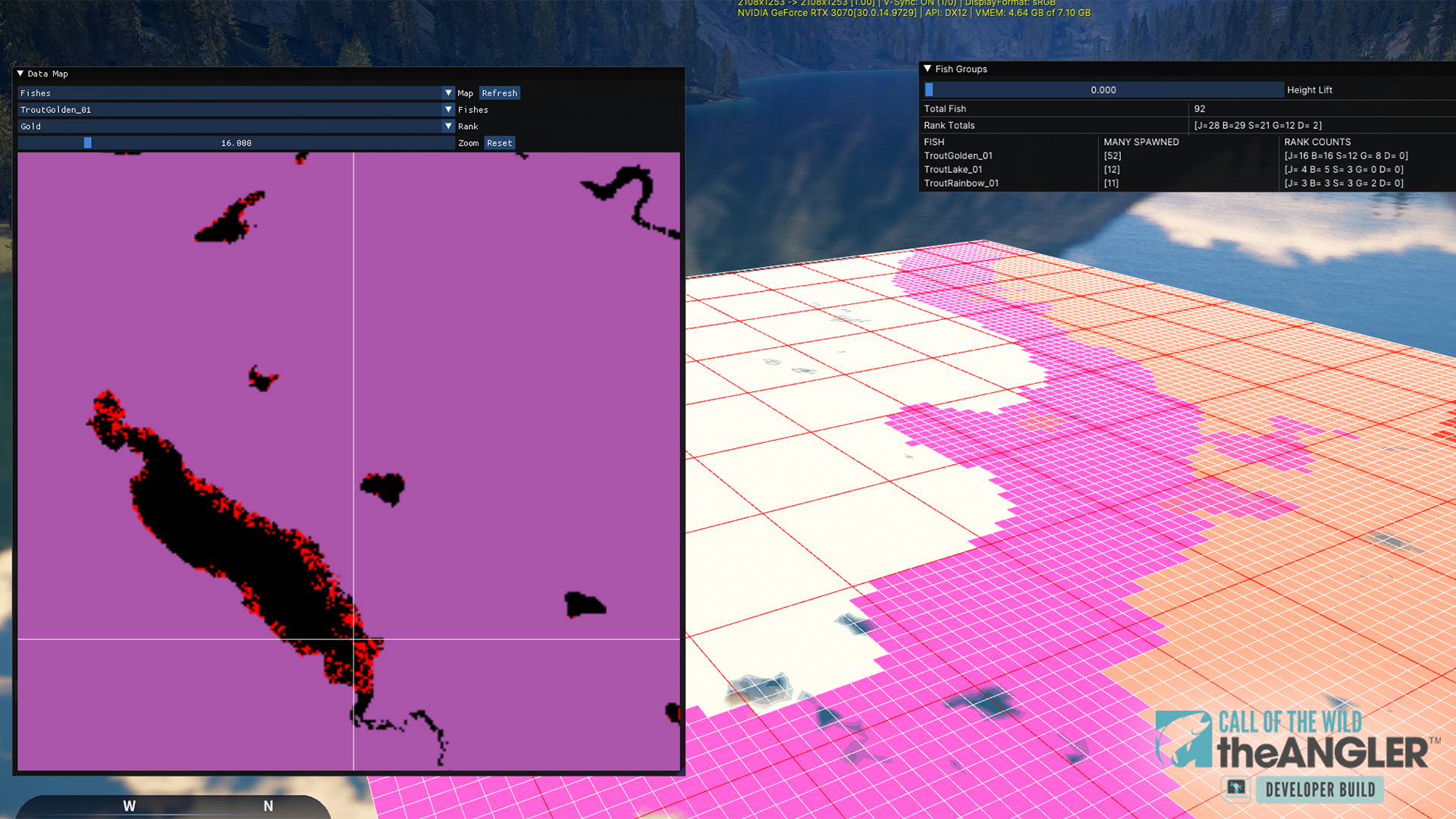 With so much information, we need multiple tools to help us provide a clear picture of what’s going on. Here you can see two such tools: On the left is our data map, which can show us very accurately where we can find specific fish of a specific rank. On the right, you can see our fish counter. It shows us the total number of fish and breaks them down per species and rank.