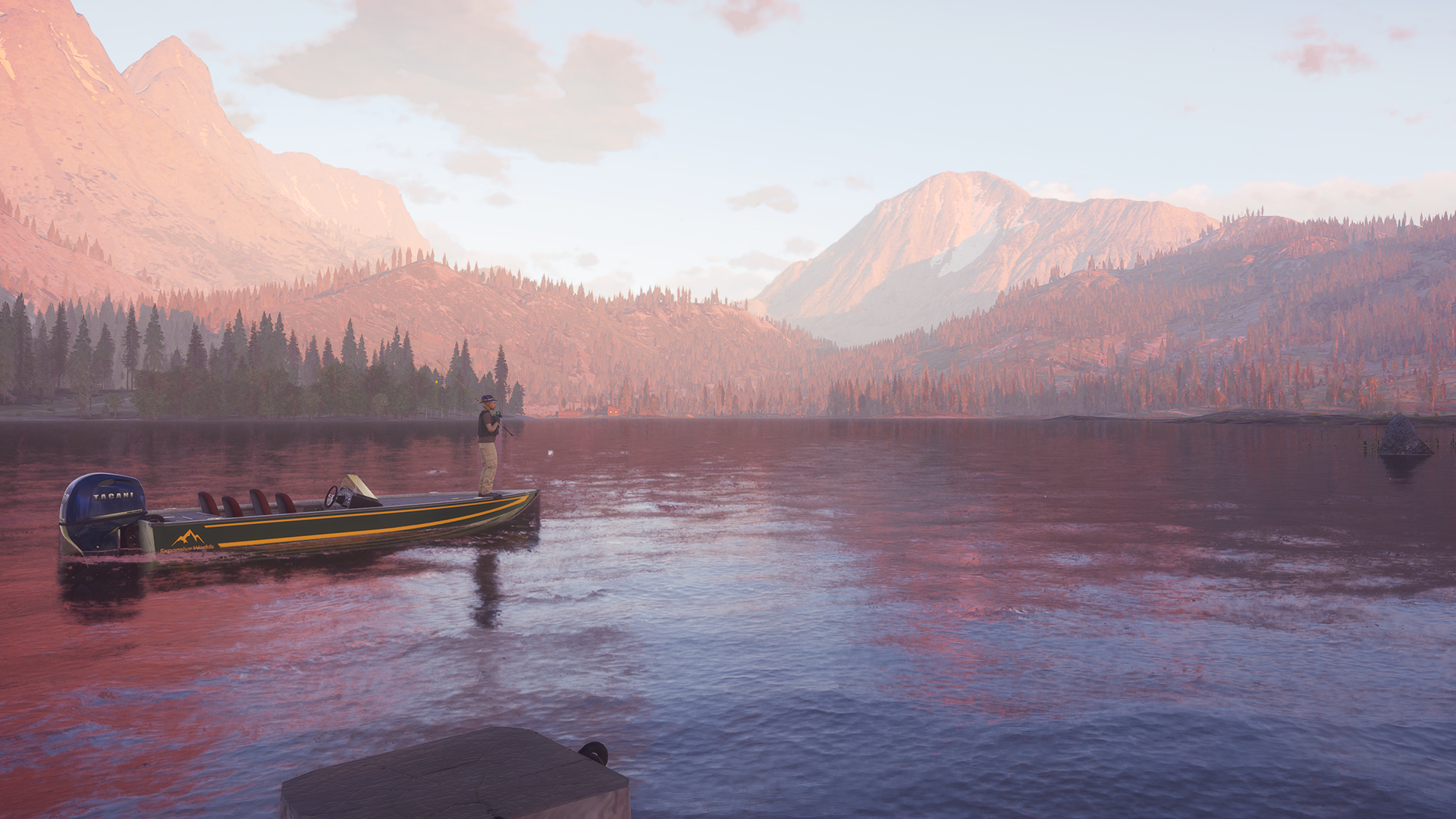 Player character fishing on a lake via boat in Golden Ridge Reserve.