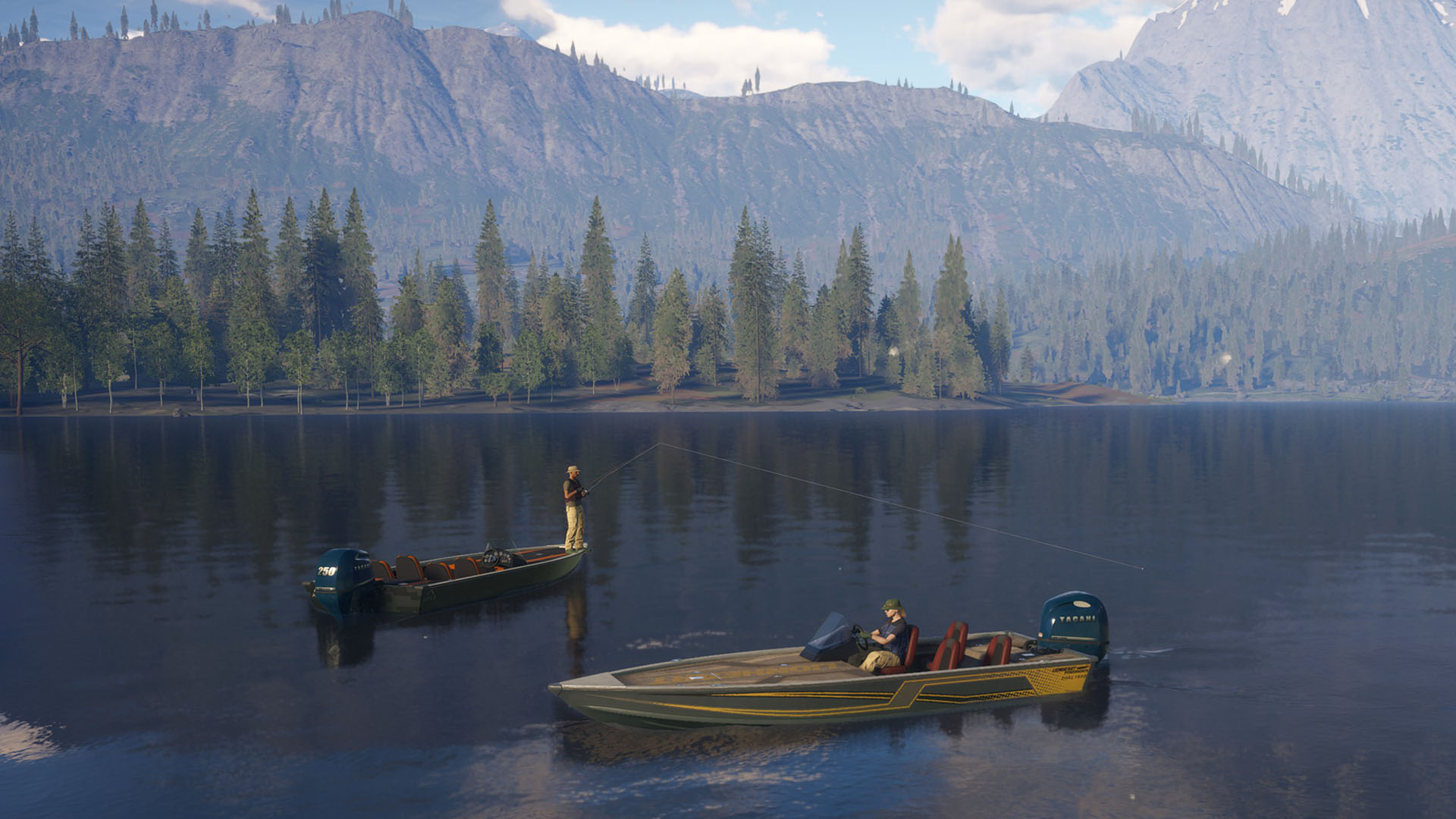Players fishing together on the water equipped with cosmetics from the Wilderness Cosmetic Pack.