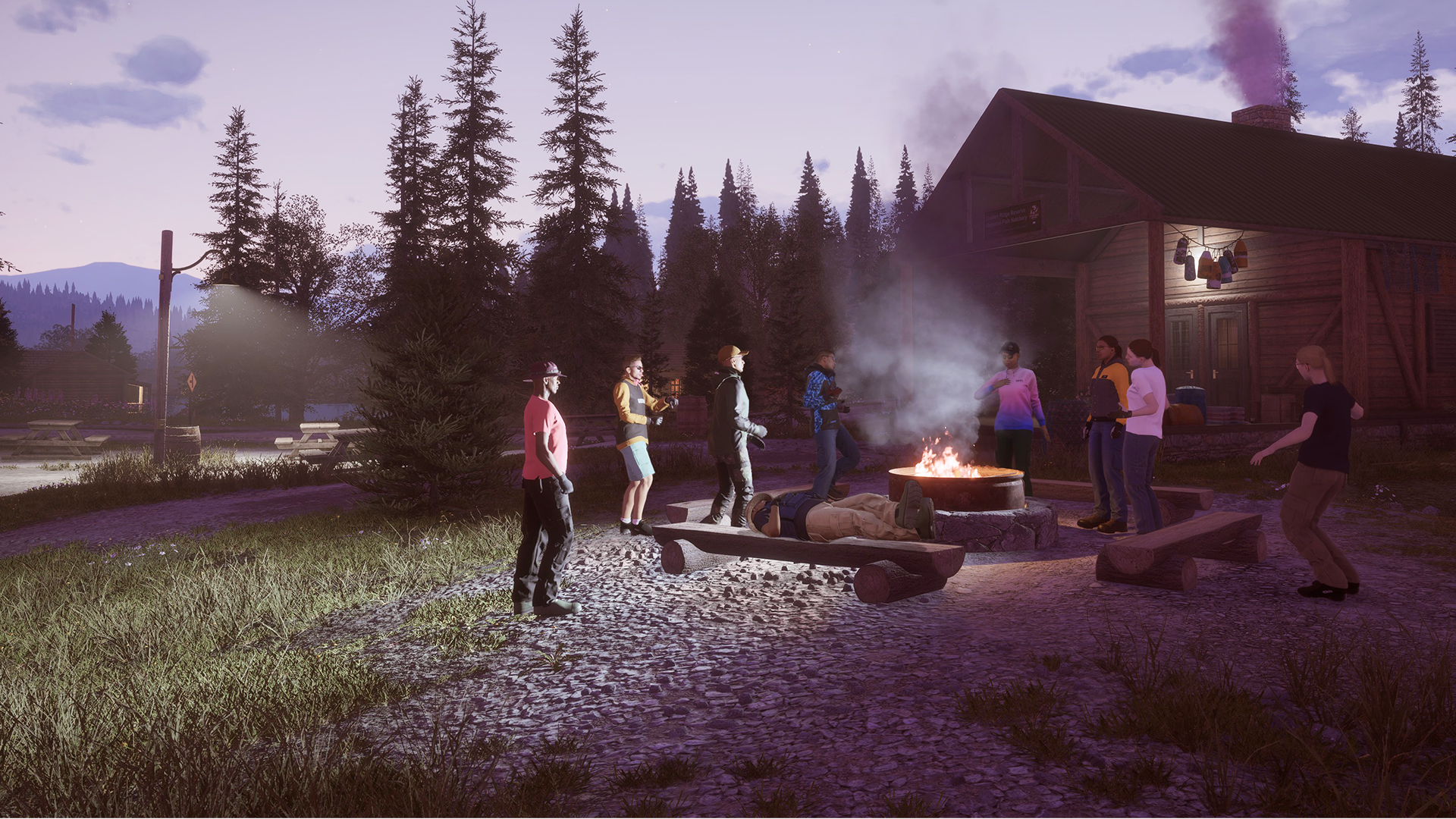 Players congregating around an open fire pit in Golden Ridge Reserve.