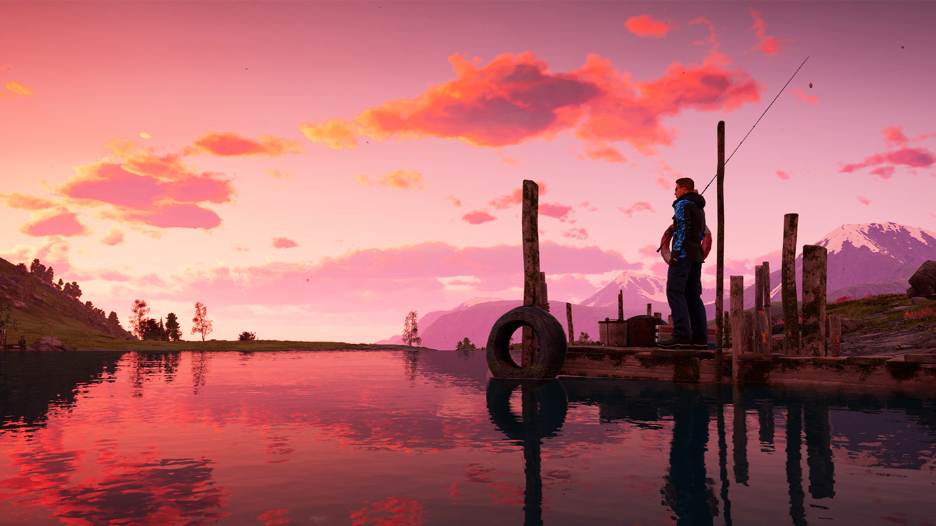 An player enjoying a vibrant sunset in The Angler.
