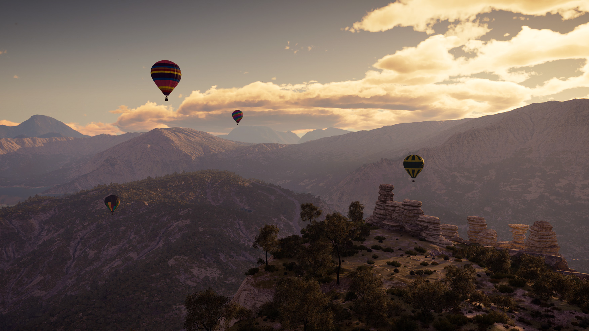 Destination: Spain - hot air balloons floating over the countryside.