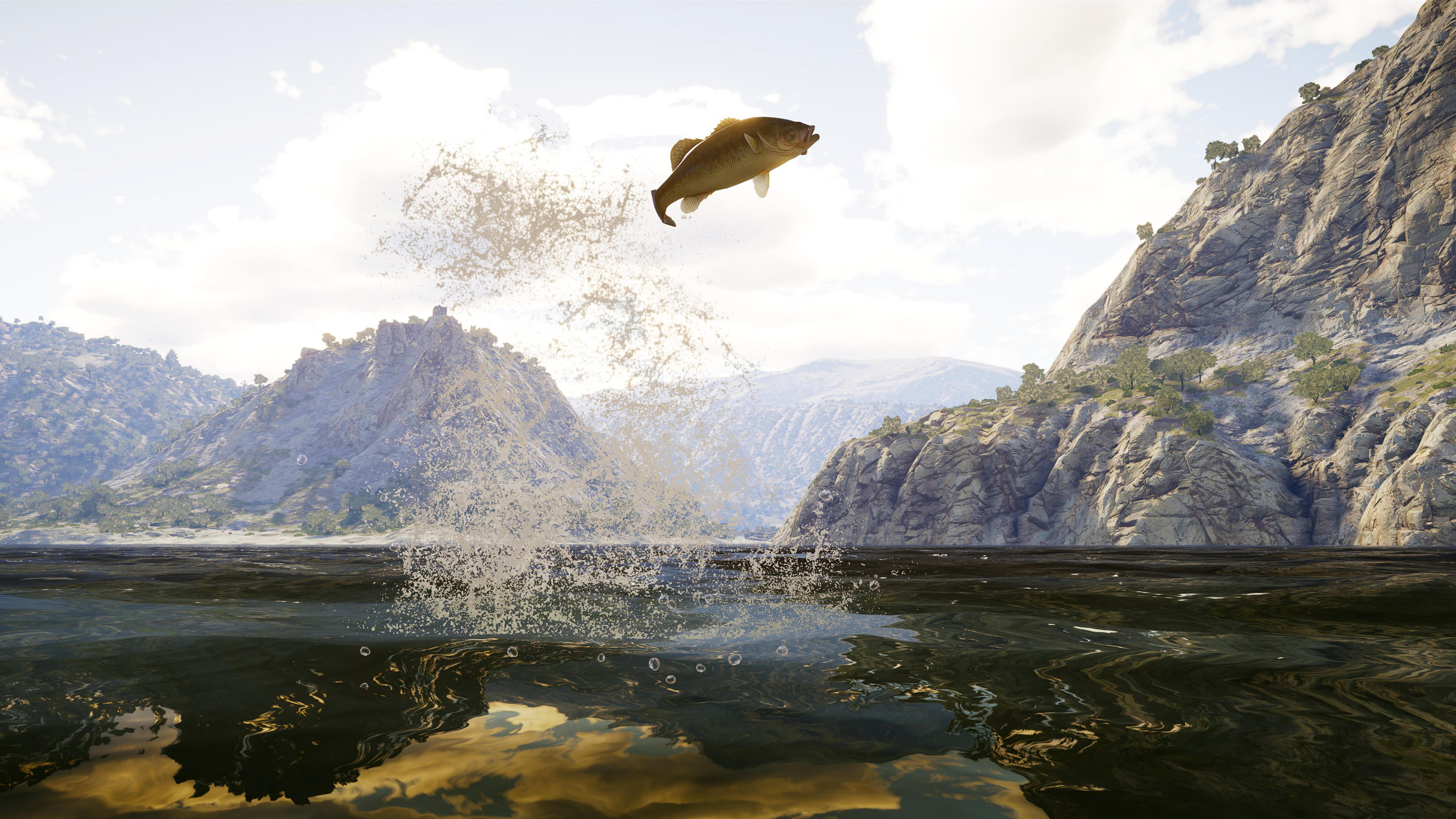 A screenshot of a jumping fish taken within Call of the Wild: The Angler's Aguas Claras Reserve, located in Spain.
