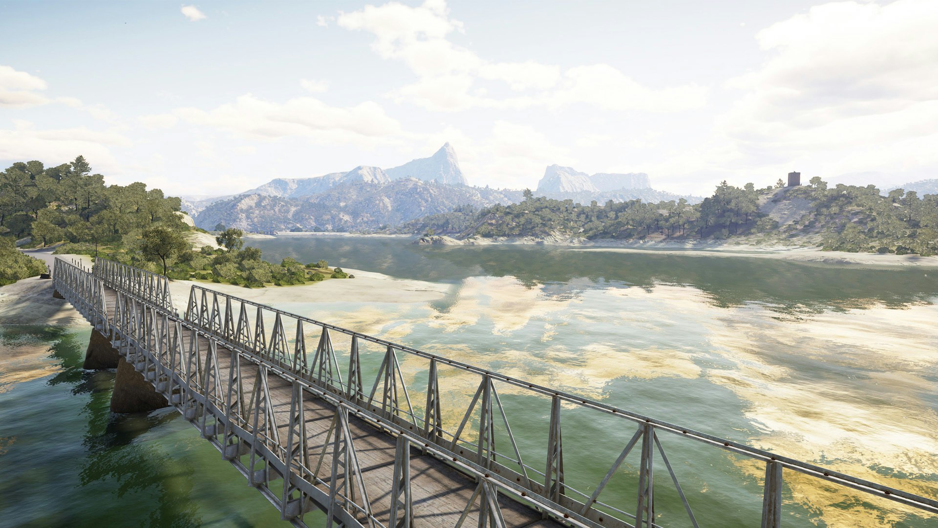 Looking over a bridge at a large water body vista in Call of the Wild: The Angler's Spain Reserve.