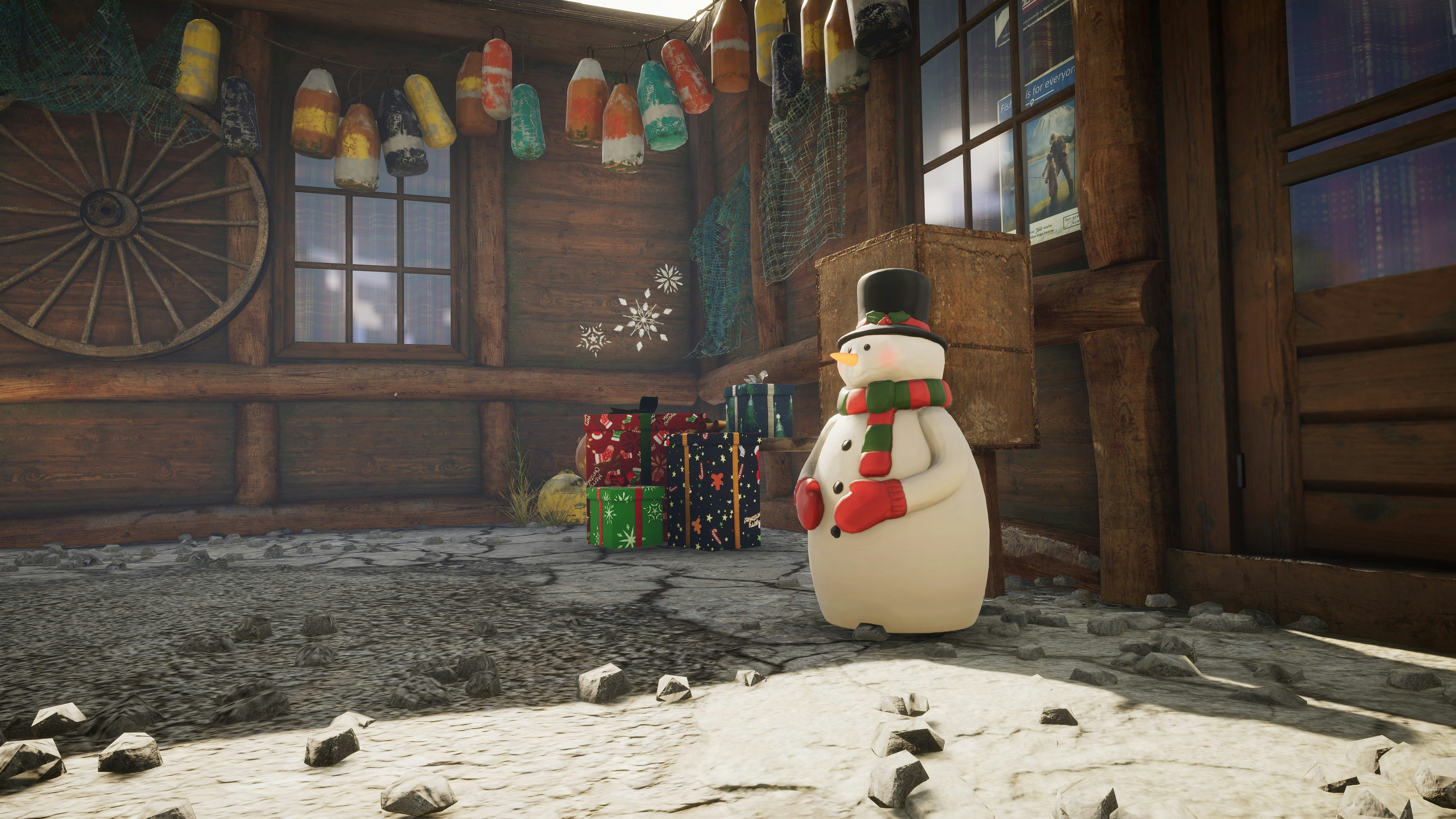 A festive snowman and gifts decorate Golden Ridge Reserve for 2023's Winter Event.