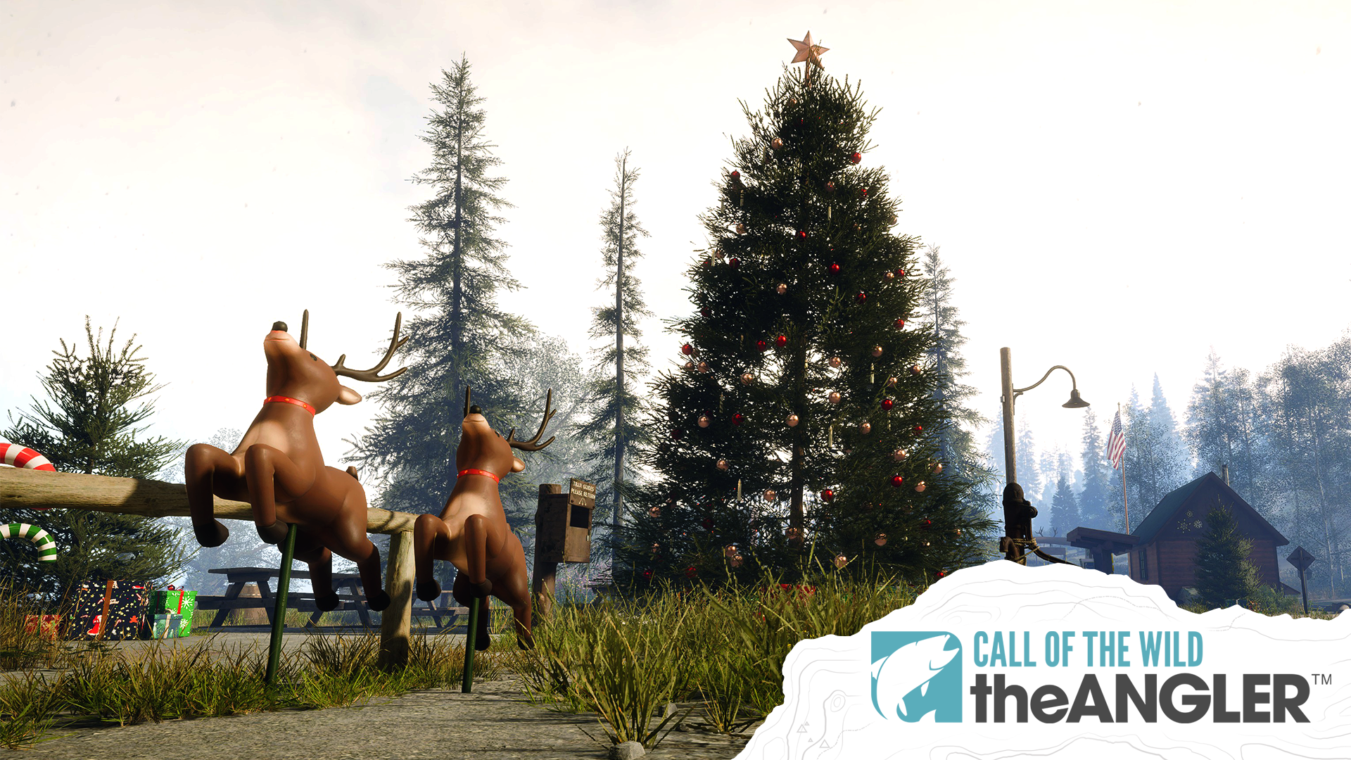 Some festive reindeer, a Christmas tree, and some gifts decorate Golden Ridge Reserve for 2023's Winter Event.