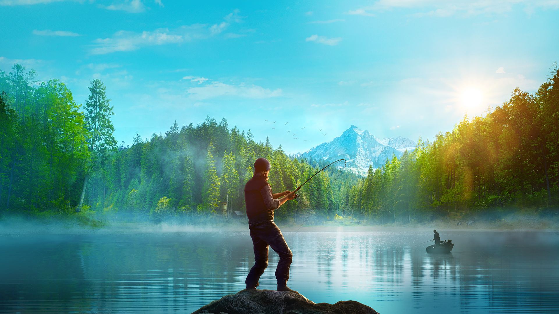 The main keyart with an angler fishing on a rock