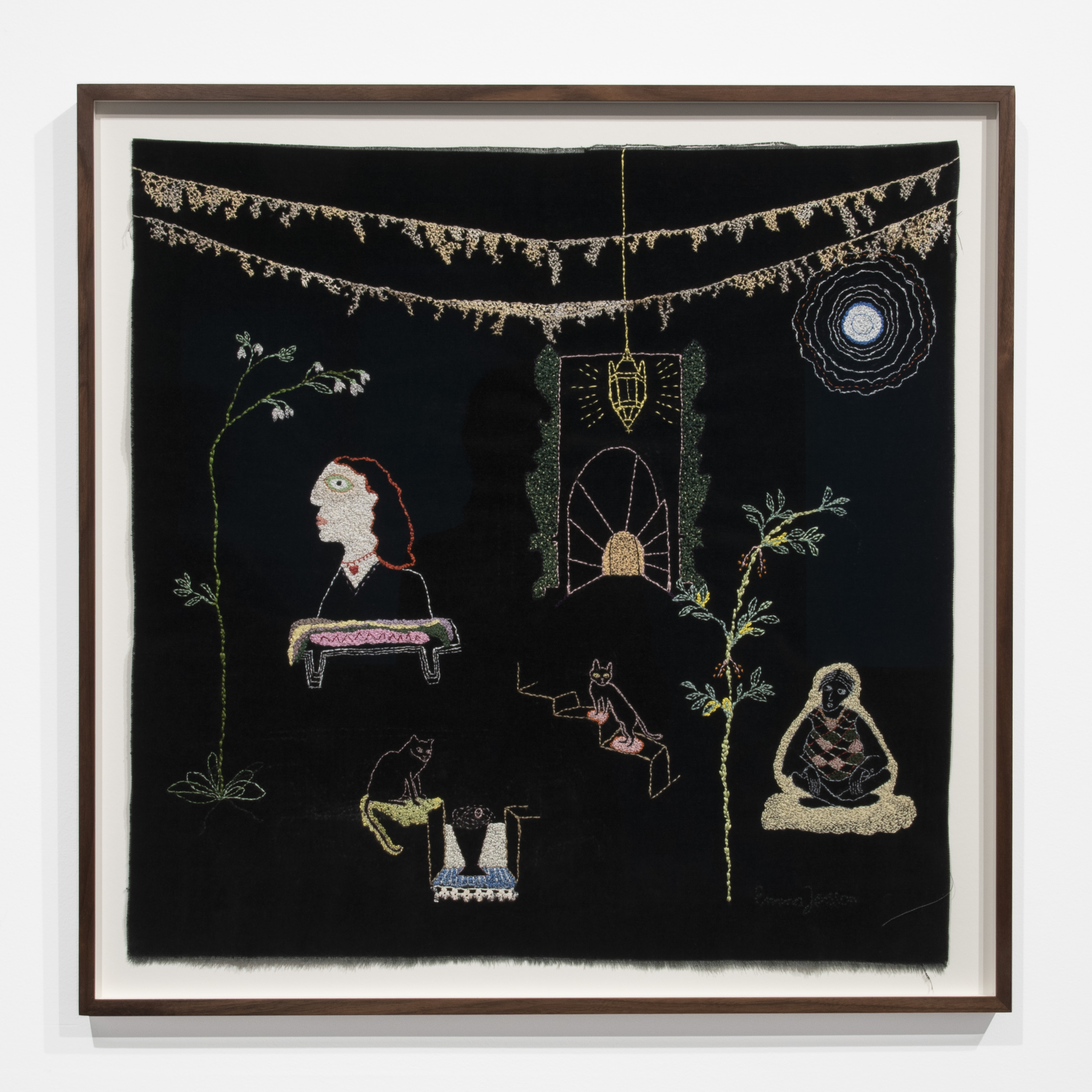 Embroidery on velvet, walnut frame
