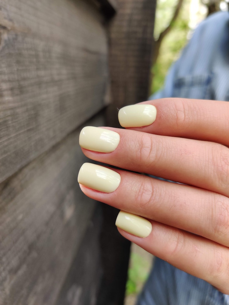 Gently yellow pastel manicure on nails of medium length